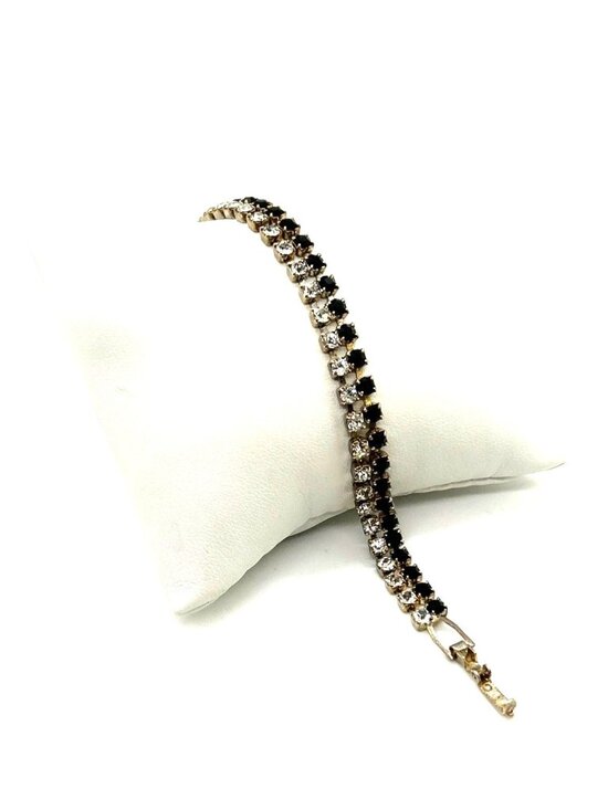 Estate Jewelry - Vintage Tennis Bracelet With Black & Clear Rhinestones Silver Tone 6.5 Inches Lo